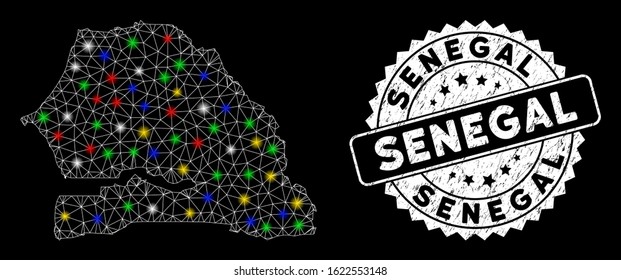 Bright mesh Senegal map with glare effect, and seal stamp. Wire frame polygonal Senegal map mesh in vector format on a black background. White round seal stamp with scratched texture.
