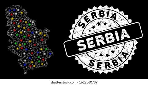 Bright mesh Serbia map with lightspot effect, and rubber print. Wire frame triangular Serbia map mesh in vector format on a black background. White round stamp imprint with grunged texture.