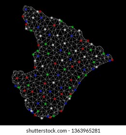 Bright mesh Sergipe State map with glare effect. Wire carcass triangular mesh in vector format on a black background. Abstract 2d mesh created from polygonal grid, round dots, colorful glare spots.