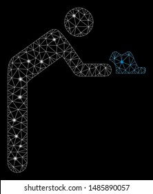 Bright mesh servant person with lightspot effect. Abstract illuminated model of servant person icon. Shiny wire carcass triangular mesh servant person. Vector abstraction on a black background.