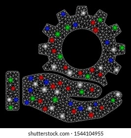 Bright mesh service gear with glare effect. White wire frame triangular mesh in vector format on a black background. Abstract 2d mesh created from triangular lines, dots, colorful flash spots.