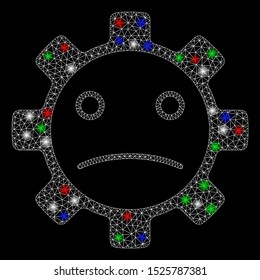 Bright mesh service gear sad smiley with glare effect. White wire carcass polygonal mesh in vector format on a black background. Abstract 2d mesh created from polygonal grid, round dots,