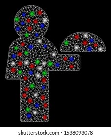 Bright mesh service with glare effect. White wire frame polygonal mesh in vector format on a black background. Abstract 2d mesh designed with polygonal grid, points, colorful flare spots.