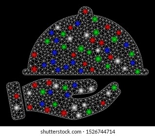 Bright mesh service with glow effect. White wire frame polygonal mesh in vector format on a black background. Abstract 2d mesh built from polygonal grid, spheric points, colored flash spots.