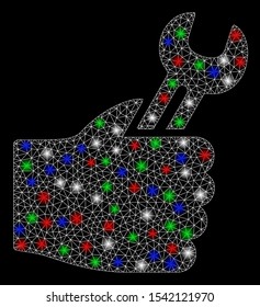 Bright mesh service hand with glare effect. White wire frame triangular mesh in vector format on a black background. Abstract 2d mesh designed with triangular lines, round dots, colorful flash spots.