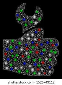 Bright mesh service hand with lightspot effect. White wire frame polygonal mesh in vector format on a black background. Abstract 2d mesh designed with polygonal grid, dots, colored flash spots.