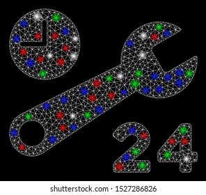 Bright mesh service hours with glare effect. White wire carcass triangular mesh in vector format on a black background. Abstract 2d mesh designed with polygonal grid, small circle,