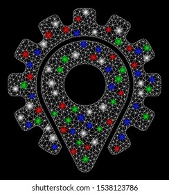 Bright mesh service location with glow effect. White wire carcass triangular mesh in vector format on a black background. Abstract 2d mesh designed with polygonal grid, small circle,