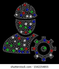 Bright mesh service man with glow effect. White wire carcass polygonal mesh in vector format on a black background. Abstract 2d mesh built from polygonal grid, dots, colorful flare spots.