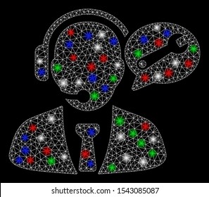 Bright mesh service manager message with glare effect. White wire frame polygonal network in vector format on a black background. Abstract 2d mesh designed with polygonal grid, small circle,