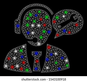 Bright mesh service manager message with glare effect. White wire carcass polygonal mesh in vector format on a black background. Abstract 2d mesh designed with polygonal grid, points,