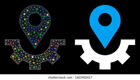 Bright mesh service map marker icon with glow effect. Abstract illuminated model of service map marker. Shiny wire carcass polygonal mesh service map marker icon.
