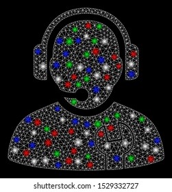 Bright mesh service operator with glare effect. White wire frame polygonal mesh in vector format on a black background. Abstract 2d mesh built from polygonal grid, points, colorful light spots.