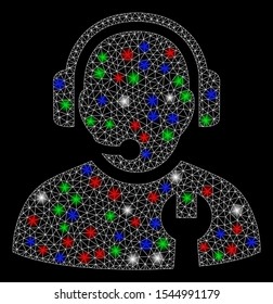 Bright mesh service operator with glare effect. White wire carcass polygonal mesh in vector format on a black background. Abstract 2d mesh designed with polygonal grid, small circle,