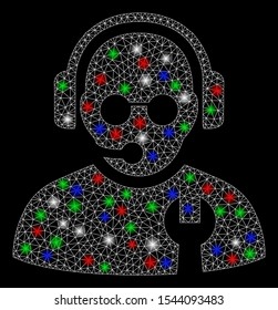 Bright mesh service operator with glow effect. White wire frame triangular mesh in vector format on a black background. Abstract 2d mesh designed with triangular lines, spheric points,