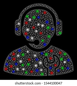 Bright mesh service operator with lightspot effect. White wire carcass triangular mesh in vector format on a black background. Abstract 2d mesh designed with triangular lines, small circle,