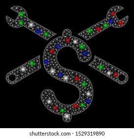 Bright mesh service price with glare effect. White wire carcass polygonal mesh in vector format on a black background. Abstract 2d mesh designed with triangles, round dots, colorful glare spots.