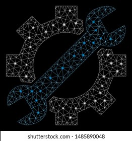 Bright mesh service tools with glare effect. Abstract illuminated model of service tools icon. Shiny wire frame polygonal mesh service tools. Vector abstraction on a black background.