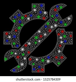 Bright mesh service tools with glare effect. White wire frame polygonal network in vector format on a black background. Abstract 2d mesh created from polygonal grid, points, colored glare spots.