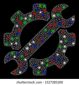 Bright mesh service tools with glare effect. White wire carcass polygonal mesh in vector format on a black background. Abstract 2d mesh created from polygonal grid, round dots, colored light spots.