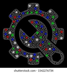 Bright mesh service tools with glow effect. White wire carcass polygonal mesh in vector format on a black background. Abstract 2d mesh designed with polygonal grid, spheric points,