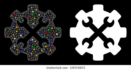 Bright mesh service tools icon with sparkle effect. Abstract illuminated model of service tools. Shiny wire frame polygonal mesh service tools icon. Vector abstraction on a black background.