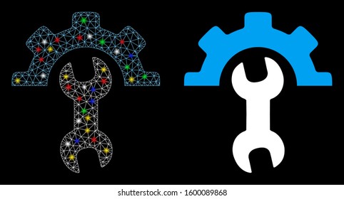 Bright mesh service tools icon with glare effect. Abstract illuminated model of service tools. Shiny wire frame triangular mesh service tools icon. Vector abstraction on a black background.