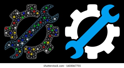 Bright mesh service tools icon with sparkle effect. Abstract illuminated model of service tools. Shiny wire frame triangular mesh service tools icon. Vector abstraction on a black background.