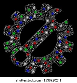 Bright mesh service tools with lightspot effect. White wire frame triangular network in vector format on a black background. Abstract 2d mesh designed with triangular lines, round dots,