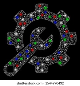 Bright mesh service tools with lightspot effect. White wire carcass polygonal mesh in vector format on a black background. Abstract 2d mesh designed with triangular lines, spheric points,