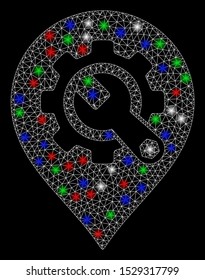 Bright mesh service tools map marker with glare effect. White wire frame triangular mesh in vector format on a black background. Abstract 2d mesh designed with triangles, small circle,