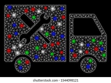 Bright mesh service van with glow effect. White wire frame triangular mesh in vector format on a black background. Abstract 2d mesh designed with triangular lines, points, colored glare spots.