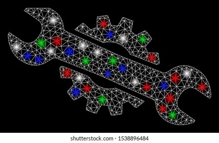Bright mesh service wrench with glare effect. White wire carcass polygonal network in vector format on a black background. Abstract 2d mesh designed with polygonal grid, round dots,