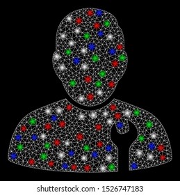 Bright mesh serviceman with glare effect. White wire carcass polygonal mesh in vector format on a black background. Abstract 2d mesh designed with polygonal grid, round dots, colored flare spots.