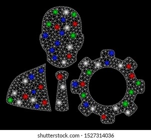 Bright mesh serviceman with lightspot effect. White wire carcass triangular network in vector format on a black background. Abstract 2d mesh designed with triangular lines, dots, colorful glare spots.