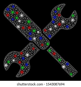 Bright mesh settings options with lightspot effect. White wire carcass triangular mesh in vector format on a black background. Abstract 2d mesh created from triangular lines, spheric points,