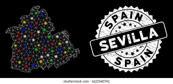 Bright mesh Sevilla Province map with glow effect, and watermark. Wire carcass triangular Sevilla Province map mesh in vector format on a black background.