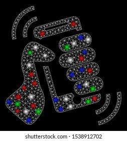 Bright mesh shake smartphone with glow effect. White wire carcass polygonal mesh in vector format on a black background. Abstract 2d mesh designed with polygonal grid, round dots, colored light spots.