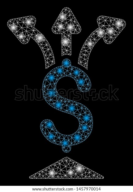 Bright mesh\
share money with glitter effect. Abstract illuminated model of\
share money icon. Shiny wire carcass triangular mesh share money.\
Vector abstraction on a black\
background.