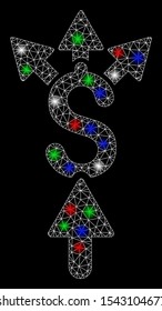 Bright mesh share payment with glare effect. White wire carcass polygonal network in vector format on a black background. Abstract 2d mesh built from polygonal grid, dots, colored flare spots.