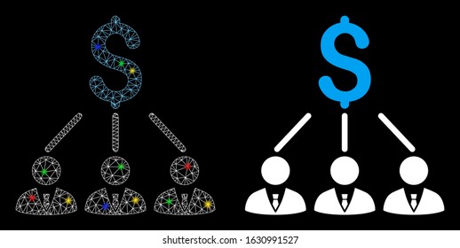 Bright mesh shareholders icon with glitter effect. Abstract illuminated model of shareholders. Shiny wire frame triangular network shareholders icon. Vector abstraction on a black background.
