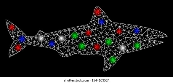Bright mesh shark with lightspot effect. White wire frame polygonal mesh in vector format on a black background. Abstract 2d mesh designed with triangular lines, round dots, colorful light spots.