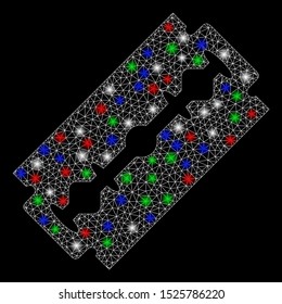 Bright mesh shaving razor blade with glow effect. White wire carcass polygonal mesh in vector format on a black background. Abstract 2d mesh designed with polygonal grid, dots, colored flash spots.