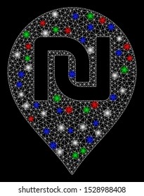 Bright mesh shekel map marker with glare effect. White wire carcass triangular mesh in vector format on a black background. Abstract 2d mesh built from triangular lines, dots, colorful glare spots.