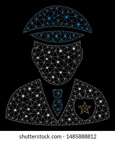 Bright mesh sheriff with glare effect. Abstract illuminated model of sheriff icon. Shiny wire frame triangular mesh sheriff. Vector abstraction on a black background.