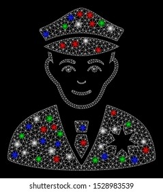 Bright mesh sheriff with glare effect. White wire frame triangular mesh in vector format on a black background. Abstract 2d mesh built from triangular lines, dots, colored flash spots.