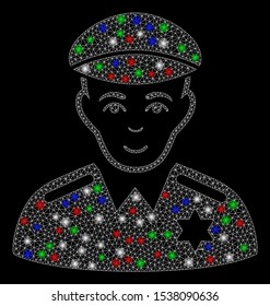 Bright mesh sheriff with glare effect. White wire carcass triangular mesh in vector format on a black background. Abstract 2d mesh created from triangular lines, round dots, colored light spots.