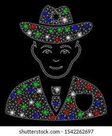 Bright mesh sheriff with glow effect. White wire frame triangular mesh in vector format on a black background. Abstract 2d mesh designed with triangular lines, spheric points, colorful light spots.