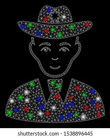 Bright mesh sheriff with lightspot effect. White wire frame triangular mesh in vector format on a black background. Abstract 2d mesh designed with triangular lines, spheric points,