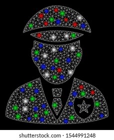 Bright mesh sheriff with lightspot effect. White wire frame triangular mesh in vector format on a black background. Abstract 2d mesh built from triangular lines, points, colored glare spots.